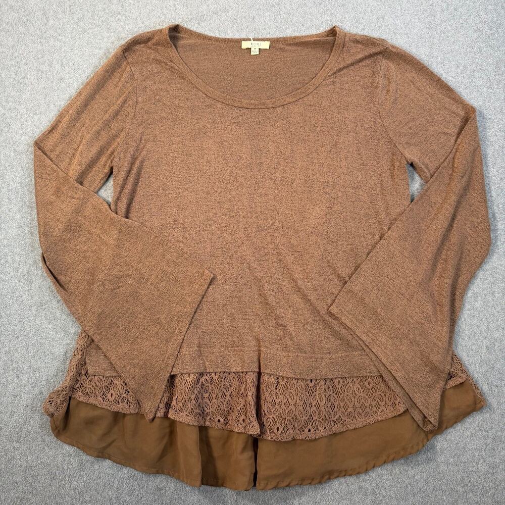 Kori America Women's Medium Brown Bell Sleeve Lace Layered Hem Knit Top Blouse